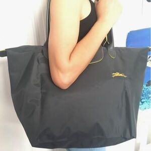 New Longchamp Large Tote Bag in Black/Gunmetal with Yellow Accents